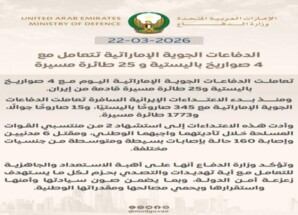 الإمارات تعلن اعتراض 4 صواريخ باليستية و 25 طائرة مسيرة